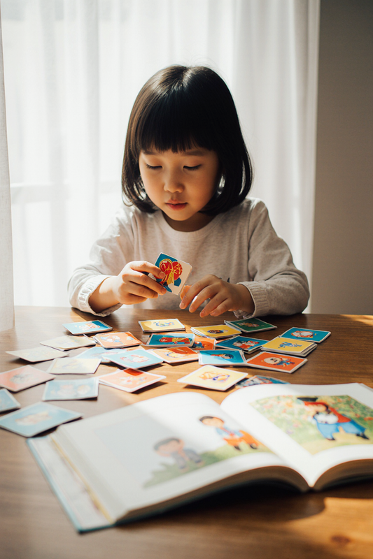 a child is playing flashcards and learn Chinese